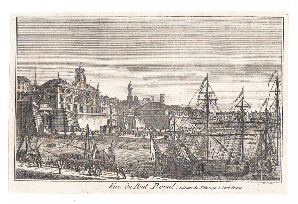 1781, Vue du Pont Royall: 1. Banc de S. George, 2. Port Franc. Guidotti inc.