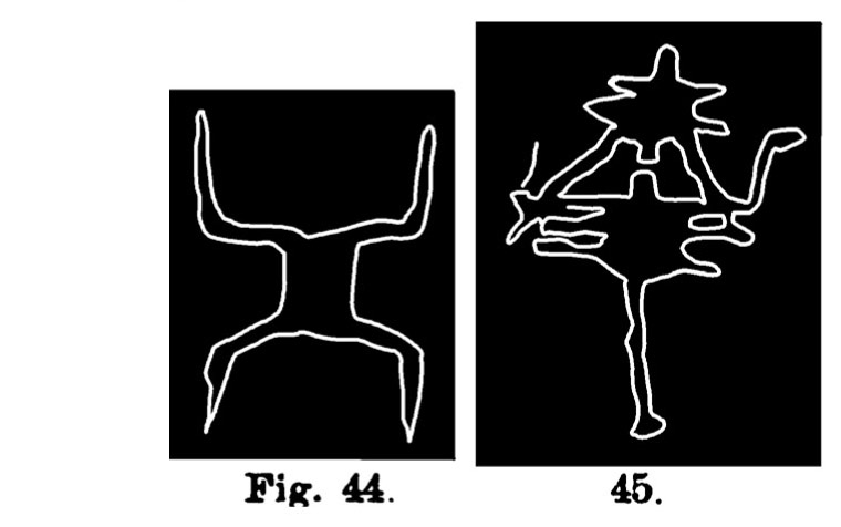 Fig. 44. Schema o simbolo di una coppia di bovini. Val d'Inferno. Assai ridotta (D'Albertis). Fig. 45. Schema di una coppia di bovini. Fontanalba. Assai ridotta (Bicknell).
