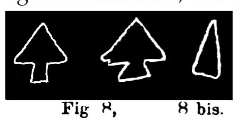 Fig. 8. Punte di frecce peduncolate. Fontanalba. Fig. 8 bis. Cuspide di freccia non peduncolata. Fontanalba. Assai ridotte (Bicknell).